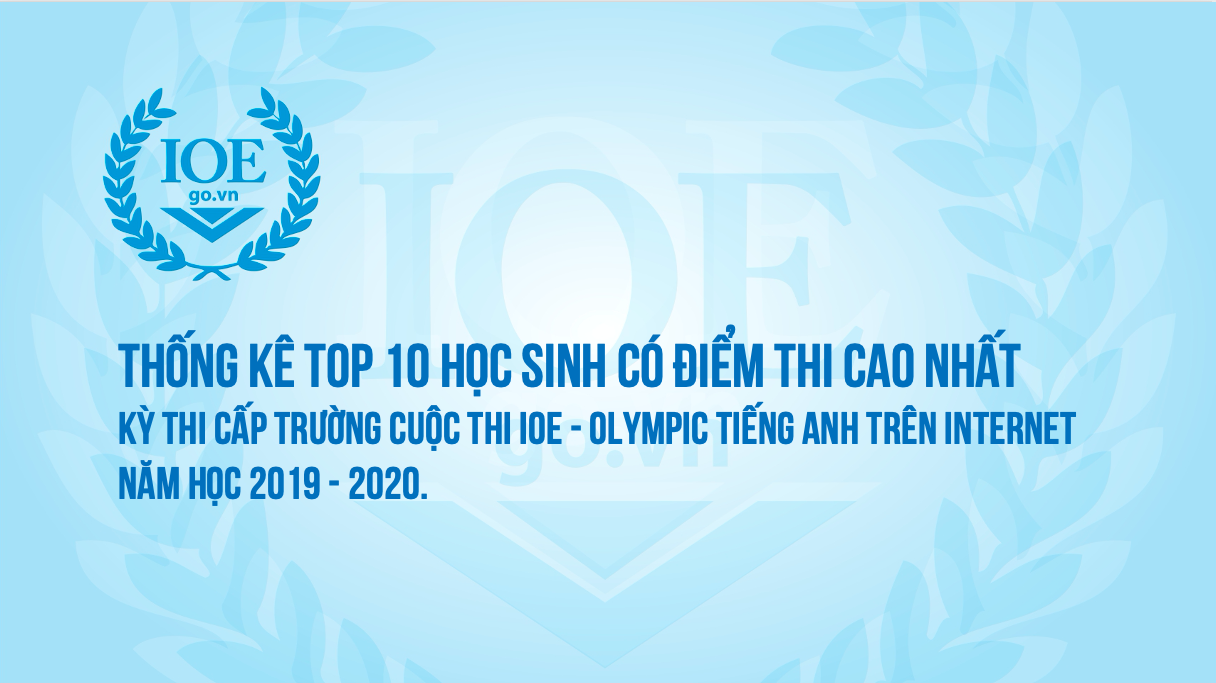 Thống kê Top 10  học sinh có điểm thi cao nhất kỳ thi cấp trường cuộc thi IOE - Olympic tiếng Anh trên internet năm học 2019 - 2020.